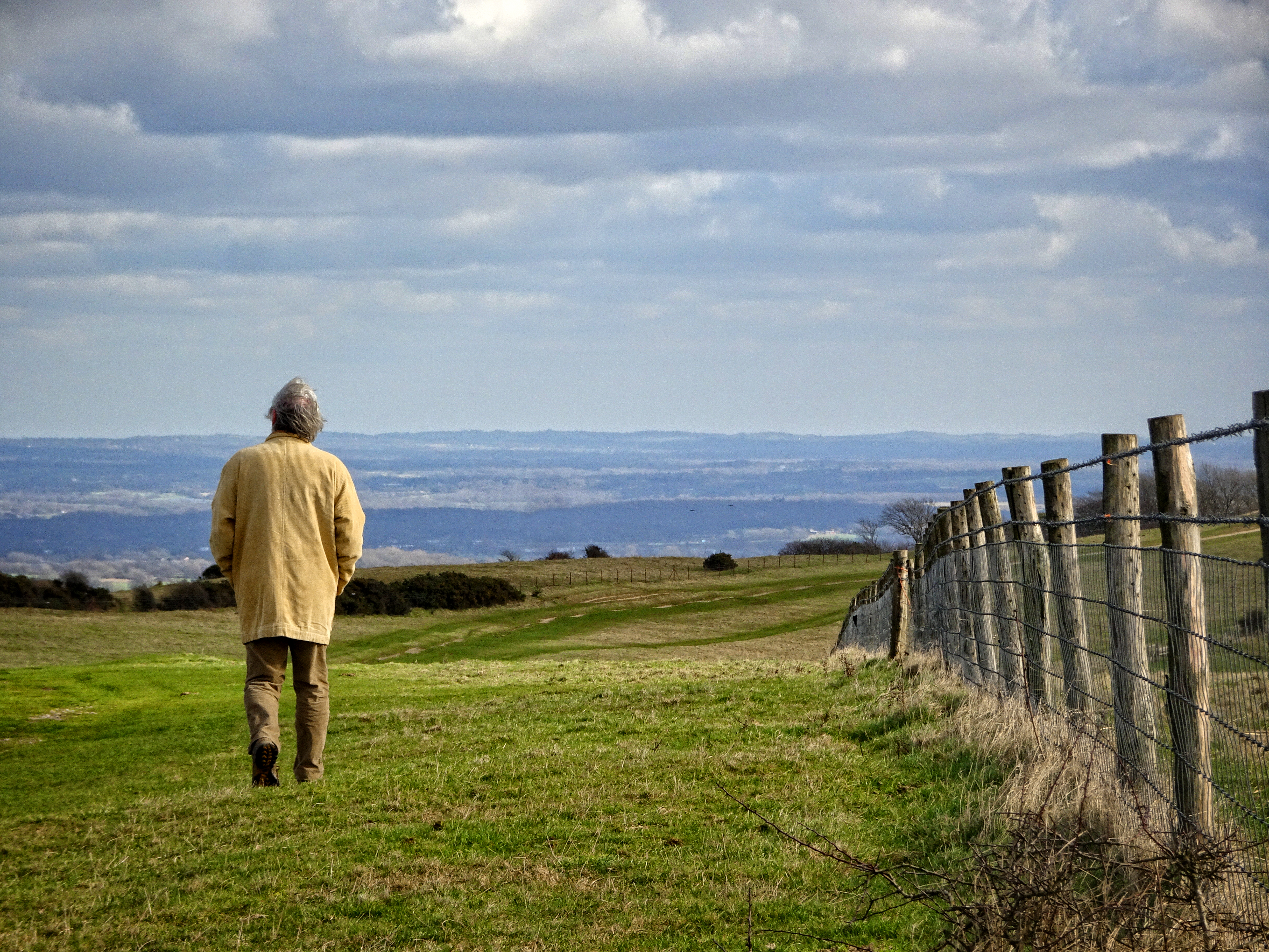 A man walking next to a fence on a farm.