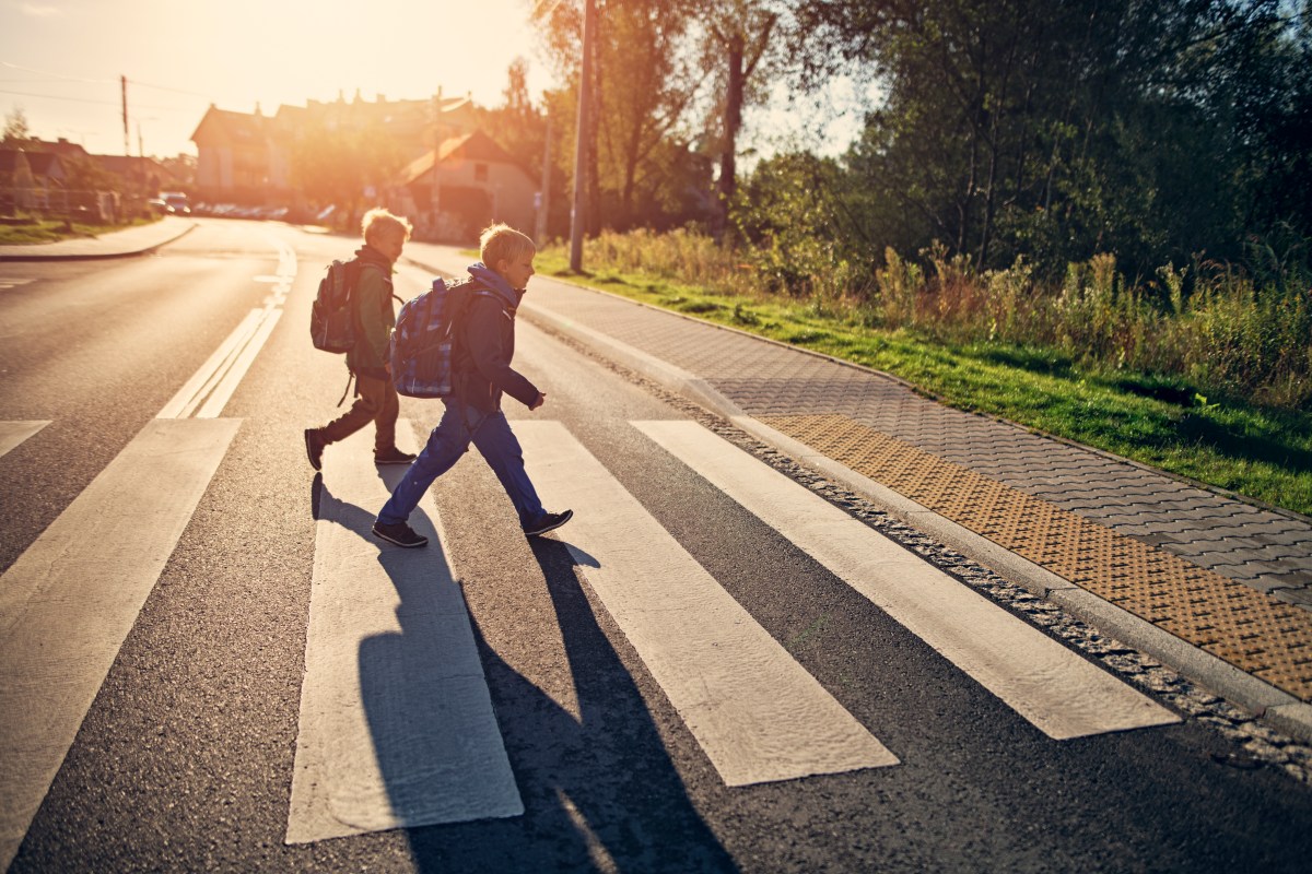 A pair of friends walking to school in a crosswalk