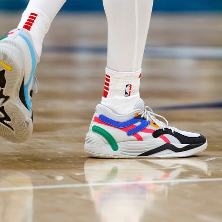 A detail of the shoes worn by Kyle Kuzma #33 of the Washington Wizards during the second quarter of the game against the Charlotte Hornets at Spectrum Center on October 10, 2022 in Charlotte, North Carolina.