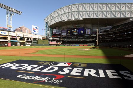 The 2022 World Series logo on the field at Minute Maid Park in Houston