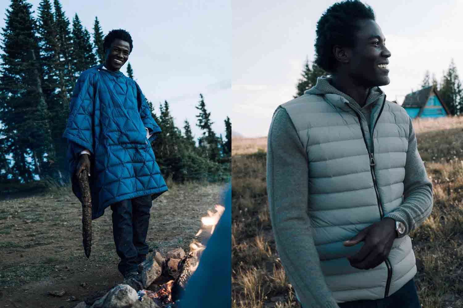 two model shots of a model in Aether + Aspenx clothing in the mountains