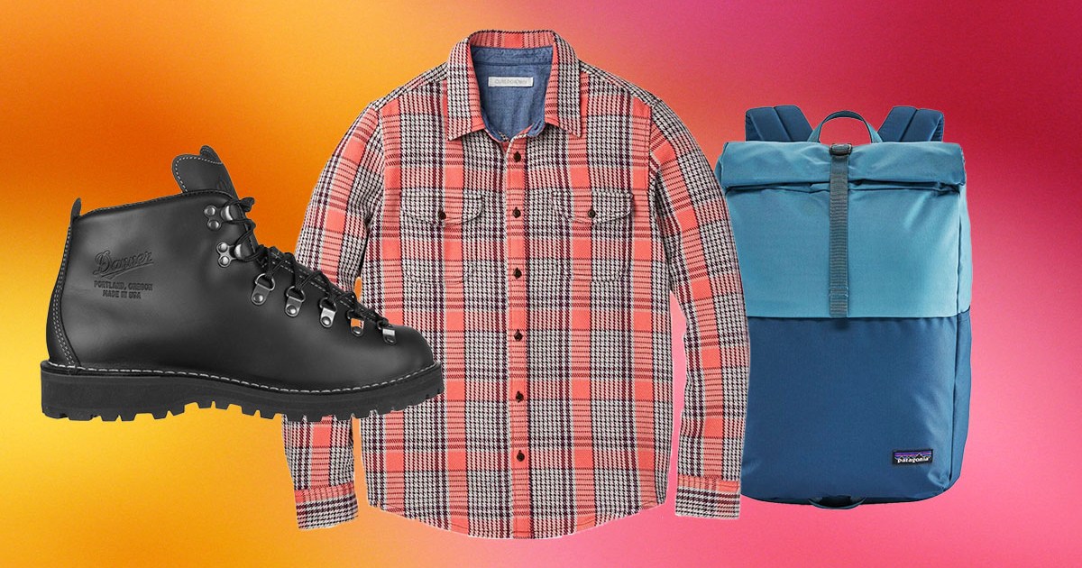 The Backcountry sale items from Danner to Outerknown on a pink and orange background