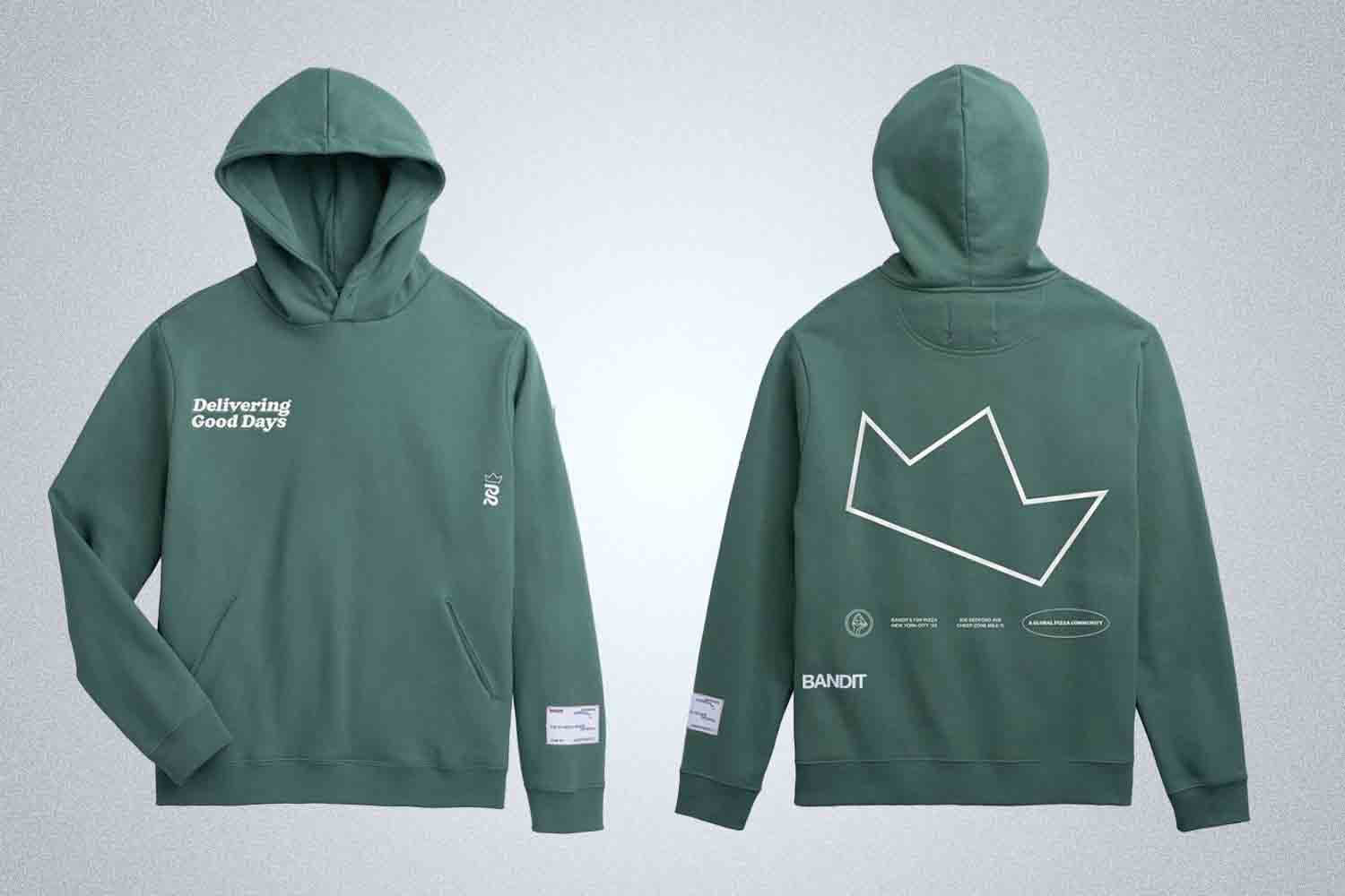 the front and back of the green Bandit x Fini Pizza hoodie
