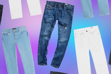a collage of jeans on a blue gradient background