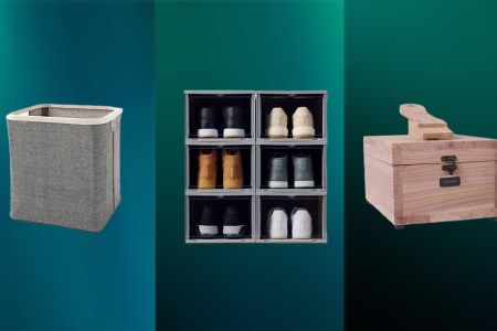 A shoe organizer, basket and shoe cleaner on a green and blue gradient background