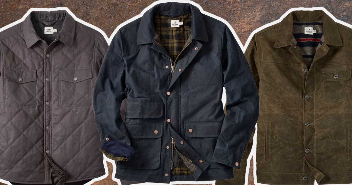 a collage of Flint and Tinder waxed jackets on a rugged background