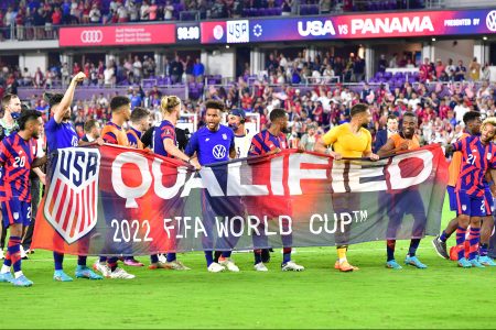 The U.S. Men's National Team celebrate after qualifying for the FIFA World Cup in March