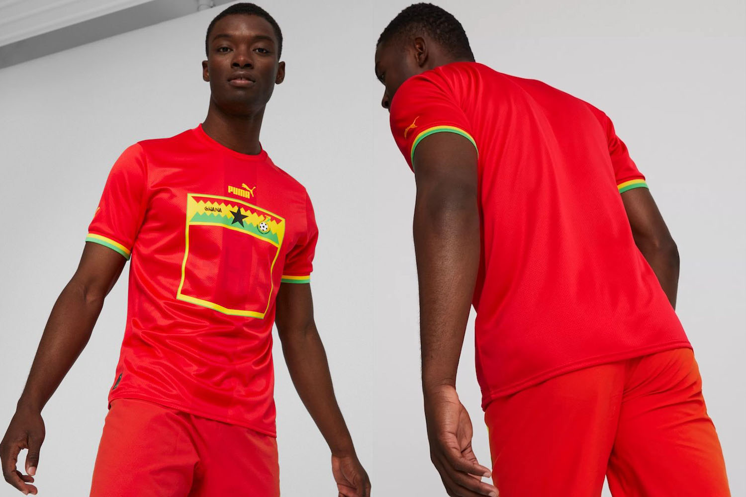 a model wearing the red Ghana away kit