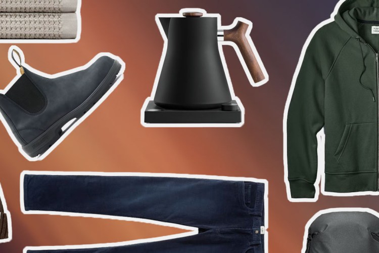 a collage of items from the Huckberry Cyber Monday Sale on a brown background