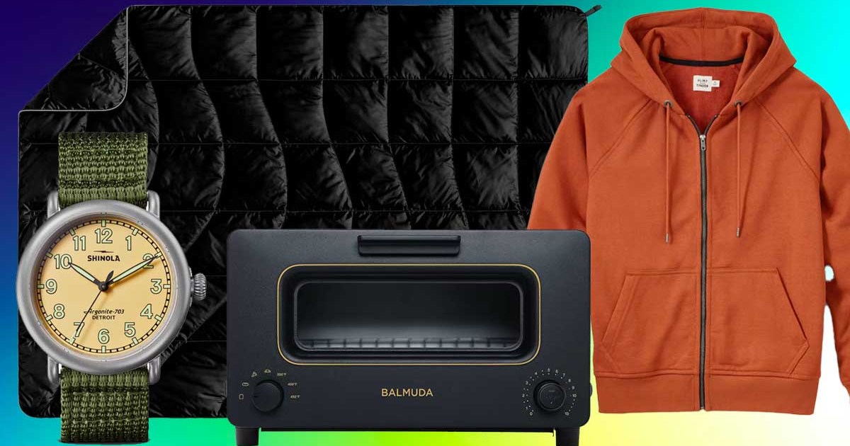 Shinola watch, Rumpl blanket, Balmuda toaster and an orange hoodie on a blue green background