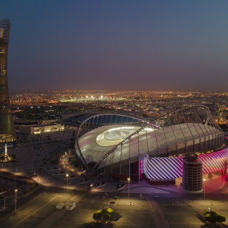An aerial view of Khalifa International Stadium at sunrise on June 22, 2022 in Doha, Qatar, one of eight stadiums for the 2022 FIFA World Cup