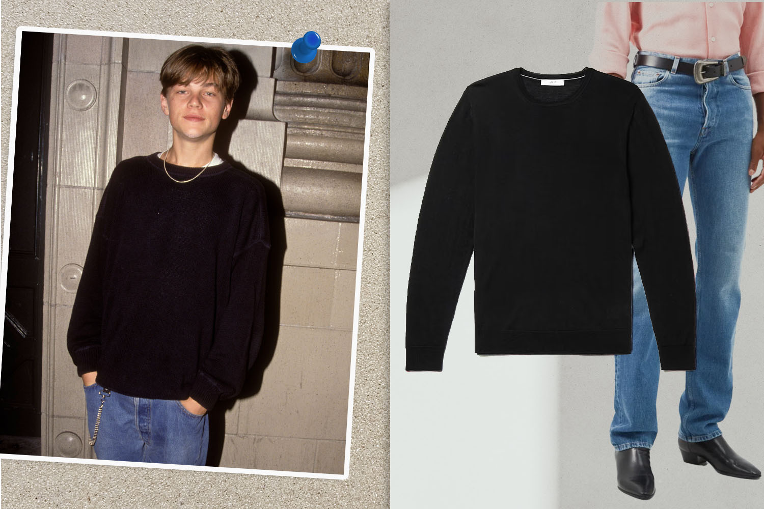 young leonardo dicaprio in a black sweater and blue jeans with a wallet chain