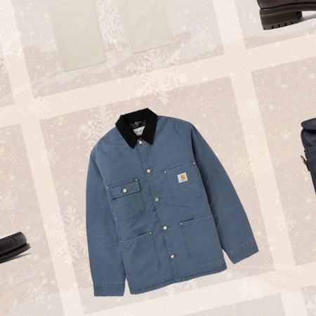 a collage of items from the Mr Porter Black Friday Sale on a tan patterned background