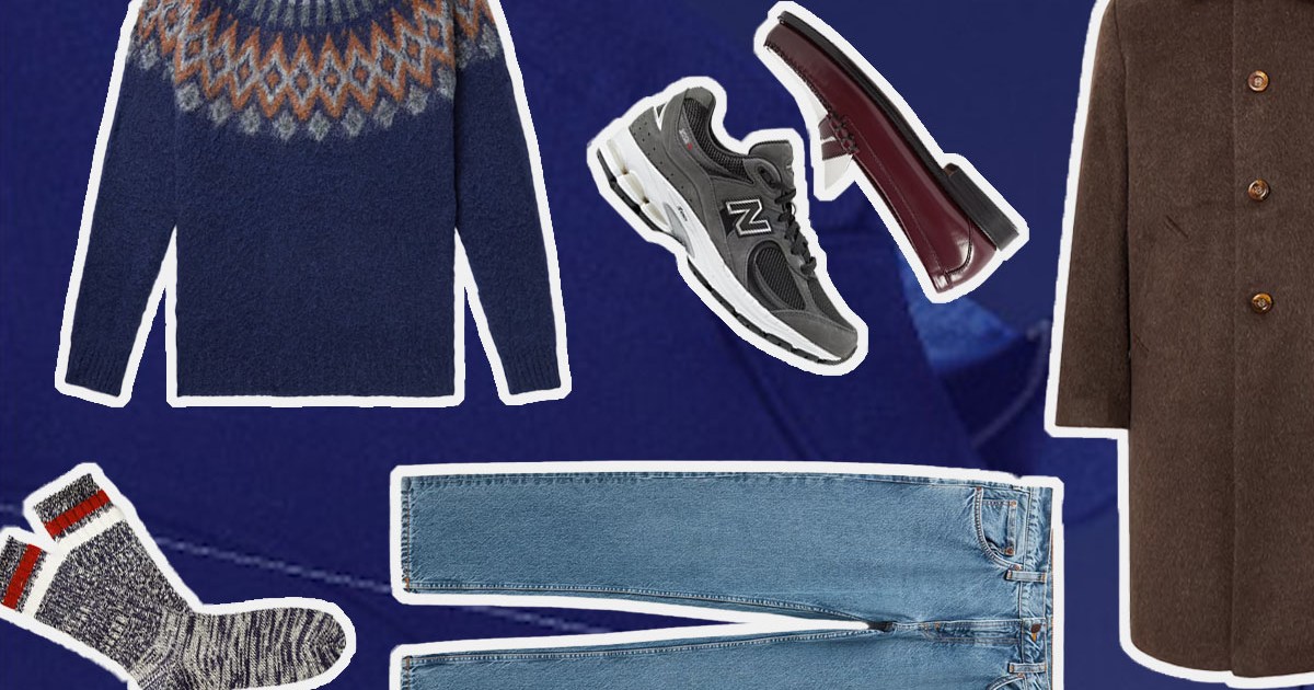 a collage of items from the Mr Porter Black Friday Sale on a blue patterned background