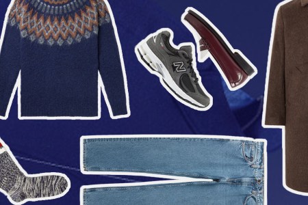 a collage of items from the Mr Porter Black Friday Sale on a blue patterned background