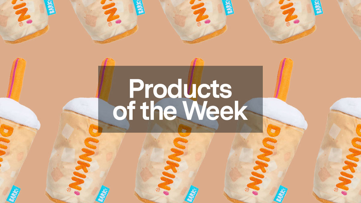 a collage of stuffed Dunkin Donuts toys on a cream background with the Products of the Week logo overlayed