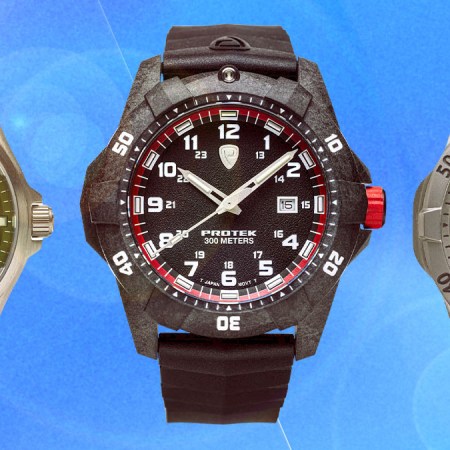 a collage of Protek watches on a blue background