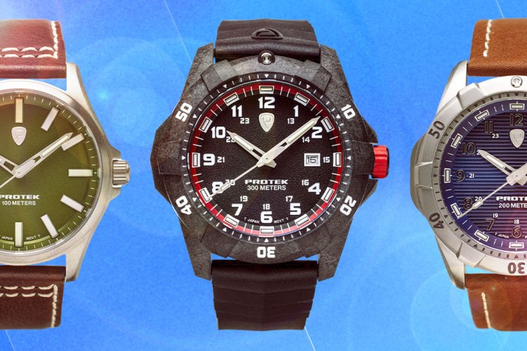 a collage of Protek watches on a blue background