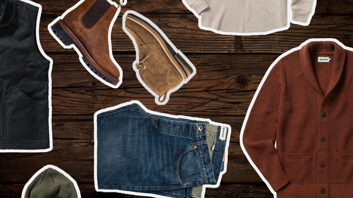 a colage of items from the Taylor Stitch Black Friday sale on a wooden background