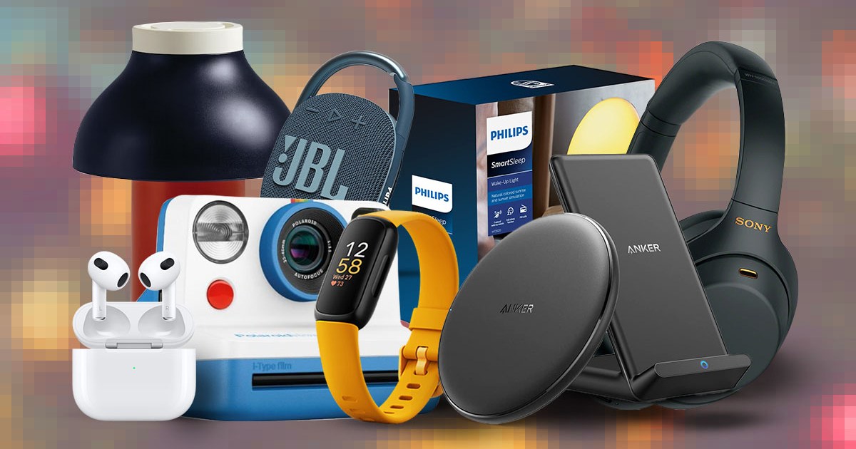 Tech gifts from JBL, Polaroid, Anker and Fitbit on a colored background
