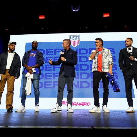 DeAndre Yedlin, Shaq Moore, Aaron Long and Walker Zimmerman at the 2022 USMNT World Cup reveal party on November 9 in New York City