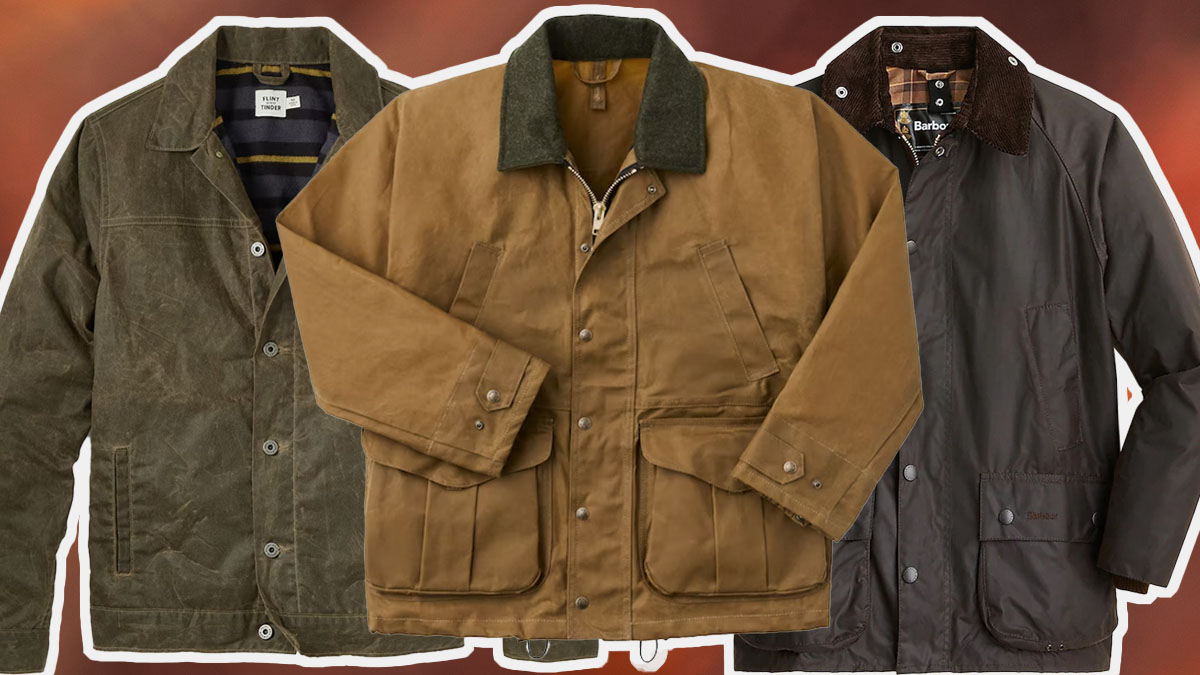 a collage of the best waxed jacket on a burnished brown and red background