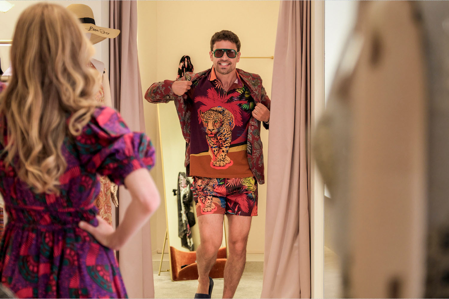 Theo James in the White Lotus Season Two wearing a matching tiger printed polo and shorts
