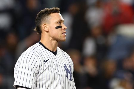 Aaron Judge of the New York Yankees looks on against the Astros.