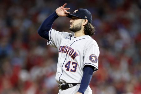 Astros ace Lance McCullers reacts giving up three runs to the Phillies in the fifth.
