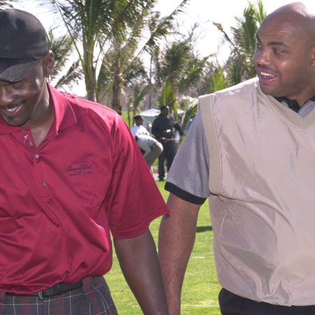 Michael Jordan and Charles Barkley at a Celebrity Golf Invitational. Barkley recently revealed why he's had a 10-year beef with Jordan.