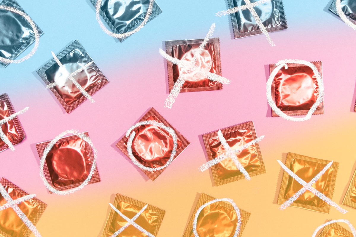 photo of condoms with a gradient and xo pattern overlay