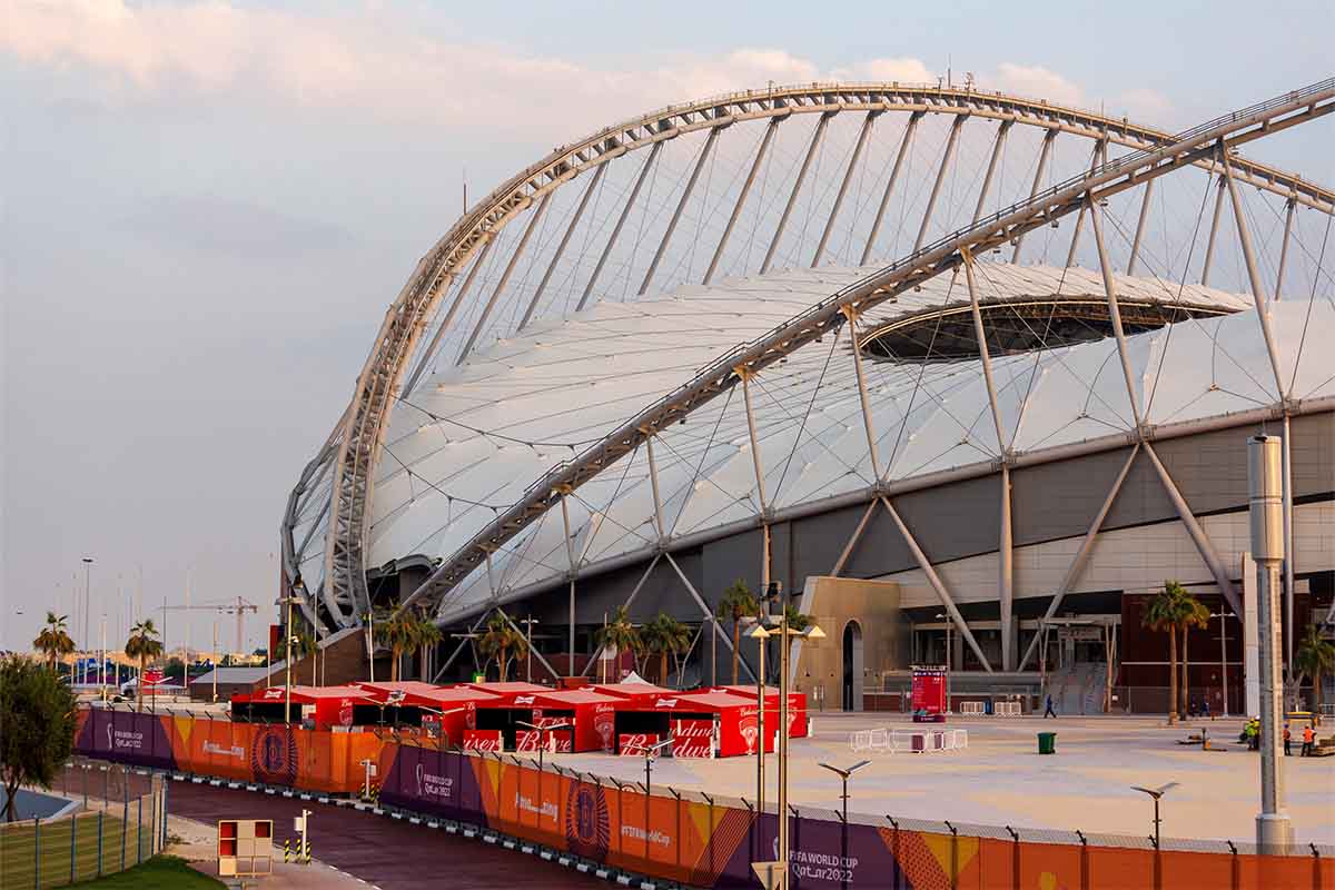 Budweiser stands are seen outside a stadium as Qatari Authorities confirmed today that no alcohol will be sold within the perimeter of the stadiums that will host the upcoming World Cup ahead of the FIFA World Cup Qatar 2022 on November 18, 2022