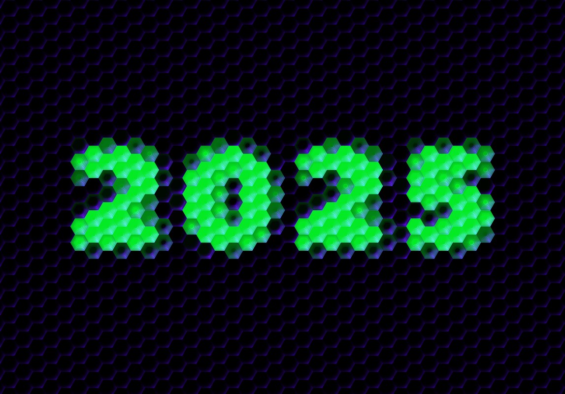 A graphic showing the year 2025 in green lights.