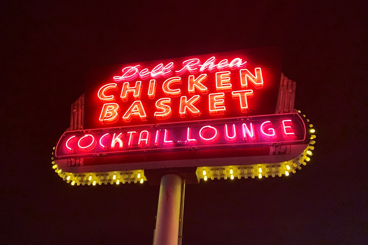Dell Rhea’s Chicken Basket sign at night, Willowbrook, IL on Route 66