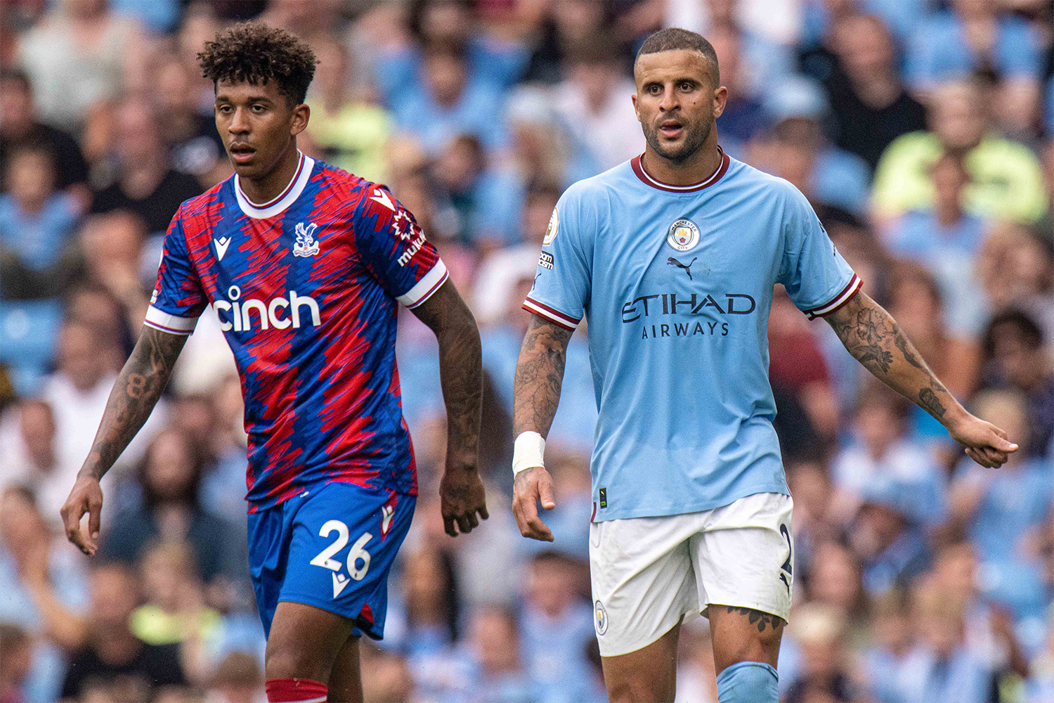Chris Richards of Crystal Palace and Kyle Walker of Manchester City during the Premier League match between Manchester City and Crystal Palace at Etihad Stadium on August 27, 2022 in Manchester, United Kingdom.