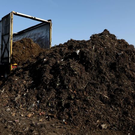 Raw materials are dumped from a tractor trailer that will be turned into feedstock compost at the Recology Blossom Valley Organics compost facility in Lamont, CA.