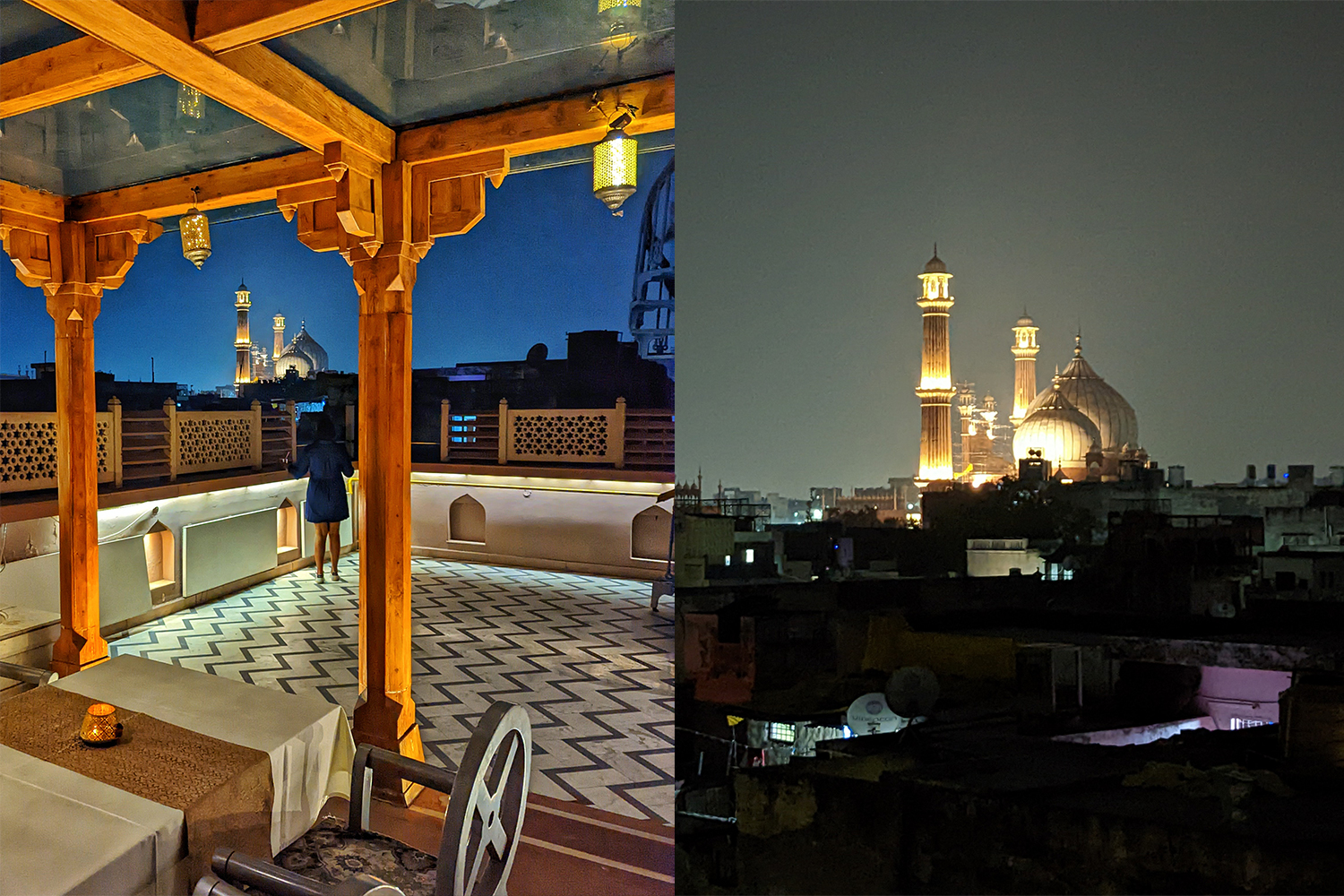 The view of Jama Masjid mosque at night from the roof of Haveli Dharampura hotel in Dehli, India