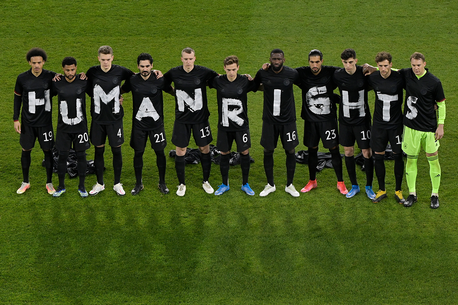 Players of Germany wear t-shirts which spell out "Human Rights" prior to the FIFA World Cup 2022 Qatar qualifying match between Germany and Iceland on March 25, 2021 in Duisburg, Germany.