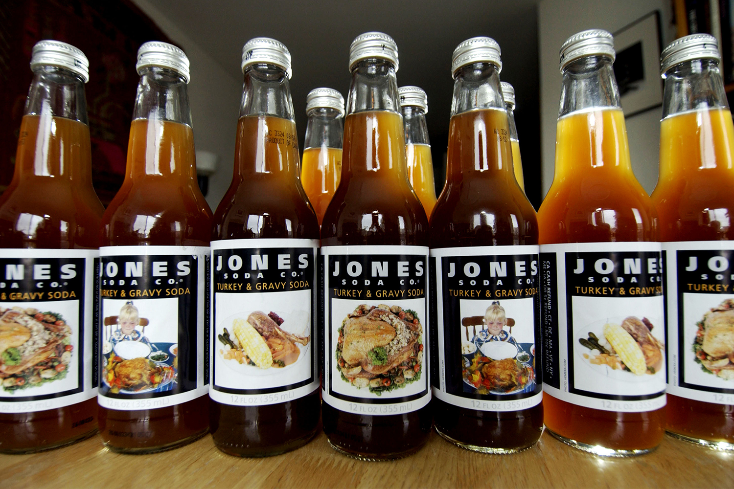 Bottles of Turkey & Gravy soda from Jones Soda Co. in 2003, the year the craft beverage brand first introduced the Thanksgiving flavor