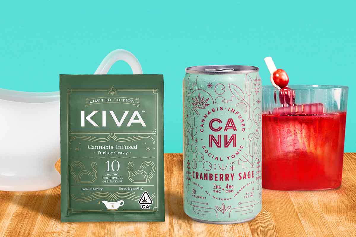 Kiva's THC-infused turkey gravy pack with a can of Cann's THC-infused Cranberry Sage tonic