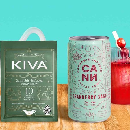 Kiva's THC-infused turkey gravy pack with a can of Cann's THC-infused Cranberry Sage tonic