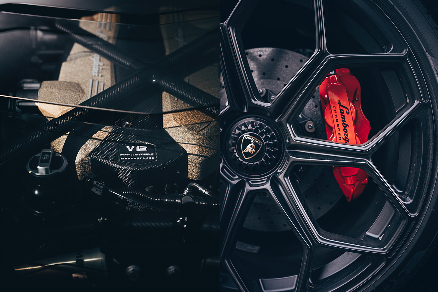 On the left is a look at the V12 engine inside the Lamborghini Aventador Ultimae. On the right is a wheel with the accented brake.