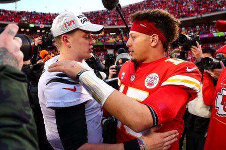 Joe Burrow hugs Patrick Mahomes after the AFC Championship Game.
