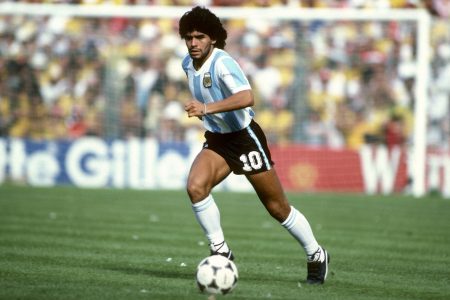 Diego Maradona of Argentina playing at the 1982 FIFA World Cup against Brazil.