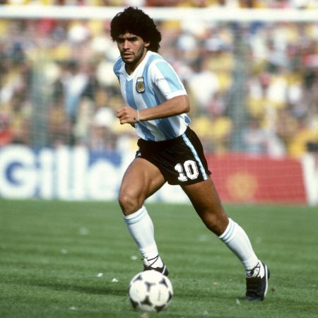 Diego Maradona of Argentina playing at the 1982 FIFA World Cup against Brazil.