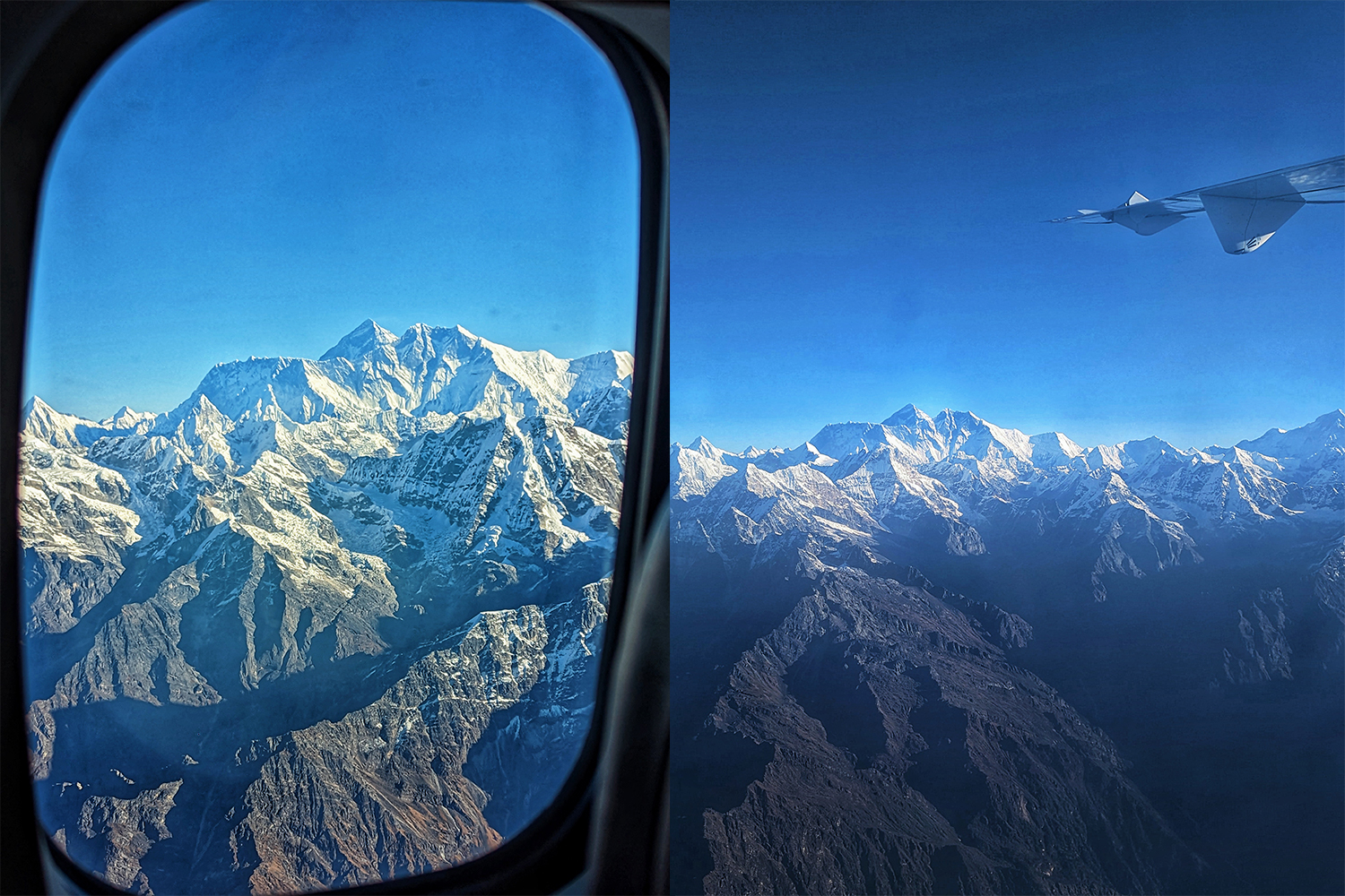 A view from the airplane window of Mount Everest during a flight from Yeti Airlines