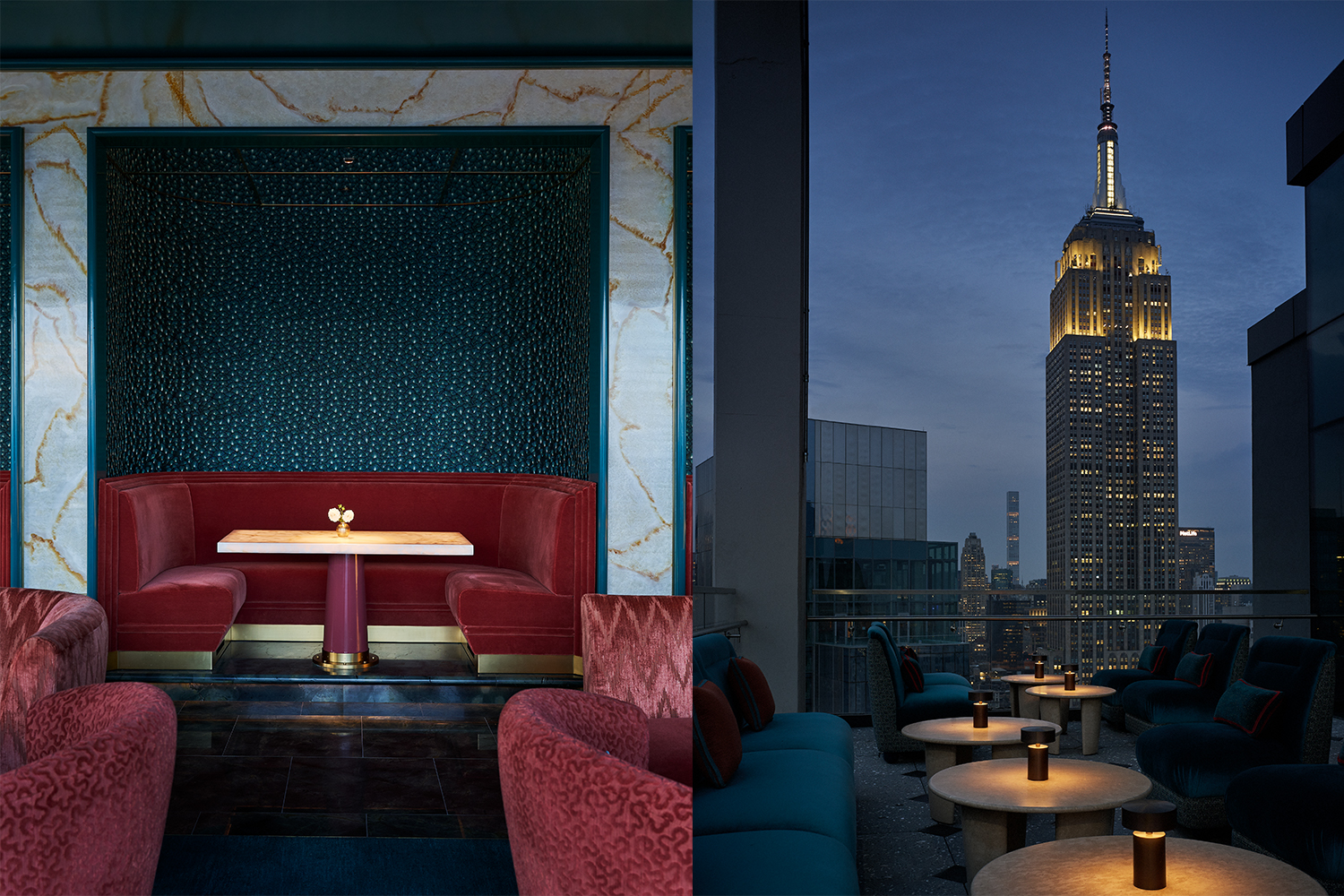 A plush booth at Nubeluz (left) and the view from an outdoor terrace at the Empire State Building at dusk