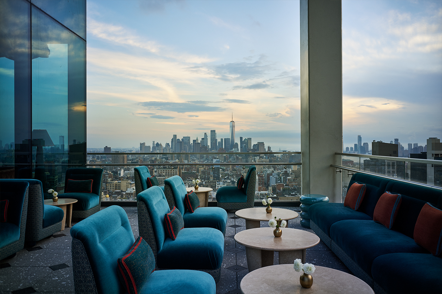 The western terrace at Nubeluz, a new rooftop bar from José Andrés, looking out at downtown Manhattan
