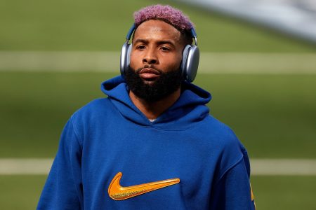 Odell Beckham Jr. warms up before Super Bowl LVI at SoFi Stadium in a Nike hoodie. He recently sued the company for more than $20 million for breach of contract.