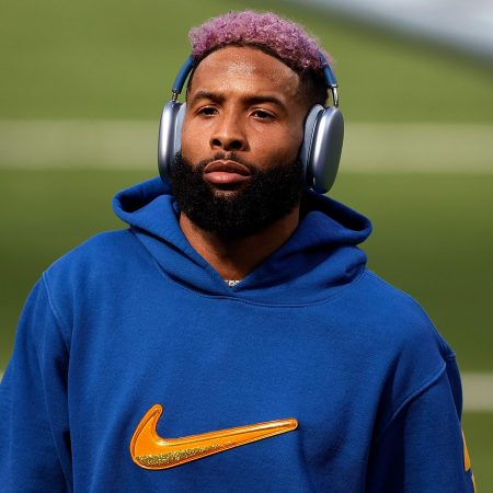 Odell Beckham Jr. warms up before Super Bowl LVI at SoFi Stadium in a Nike hoodie. He recently sued the company for more than $20 million for breach of contract.